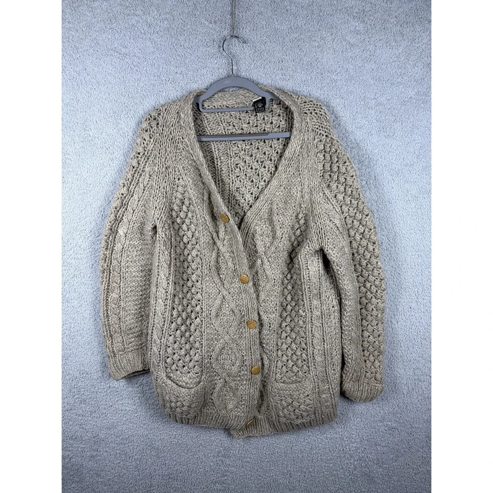 Womens L Handmade Greece Wool Cable Knit Cardigan Beige Chunky Fisherman Sweater